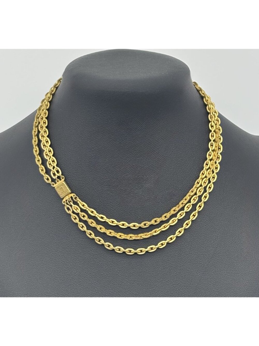 Vintage Triple Strand Choker Gold Plated Textured Brass Links Embossed Box Clasp - Picture 4 of 14